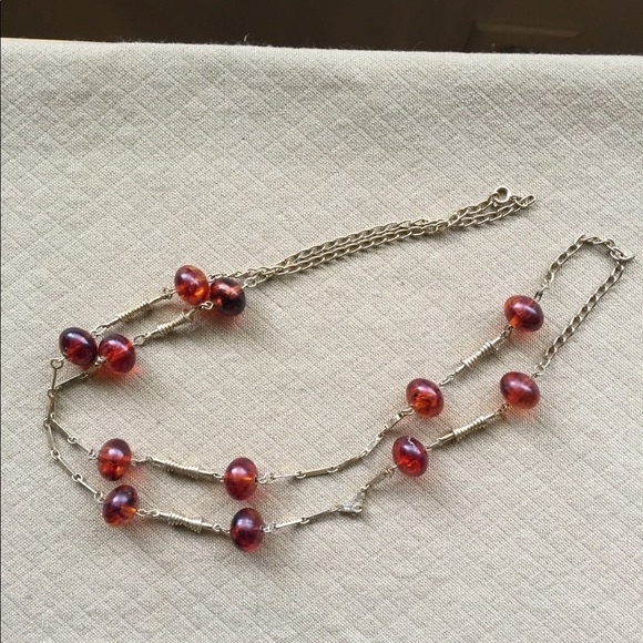 Long 40” Necklace Amber Beads Gold - Picture 1 of 4